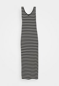 Maksimekko, jossa on mustavalkoiset raidat, avara kaula-aukko ja tiukka malli, valmistettu pehmeästä ja joustavasta materiaalista.