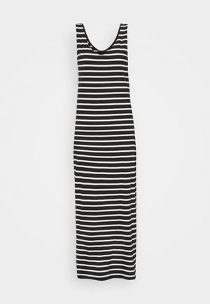 Maksimekko, jossa on mustavalkoiset raidat, avara kaula-aukko ja tiukka malli, valmistettu pehmeästä ja joustavasta materiaalista.