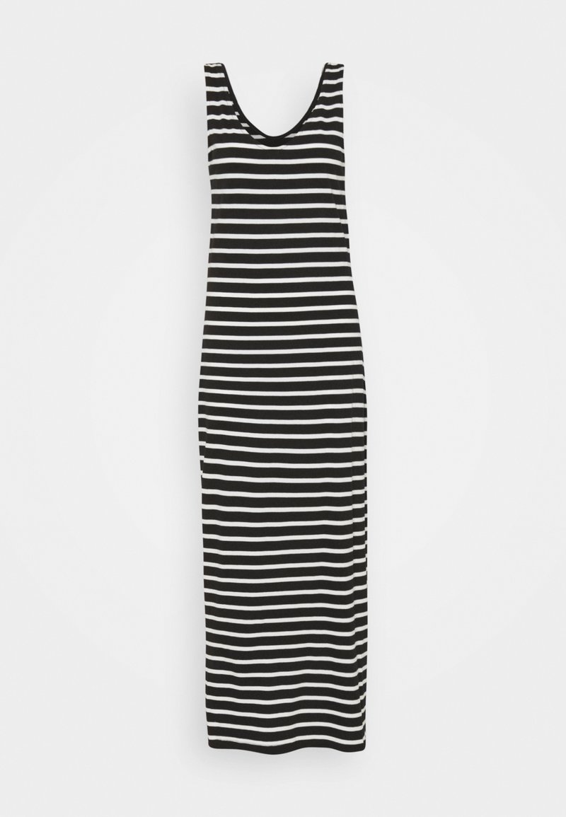 Maksimekko, jossa on mustavalkoiset raidat, avara kaula-aukko ja tiukka malli, valmistettu pehmeästä ja joustavasta materiaalista.