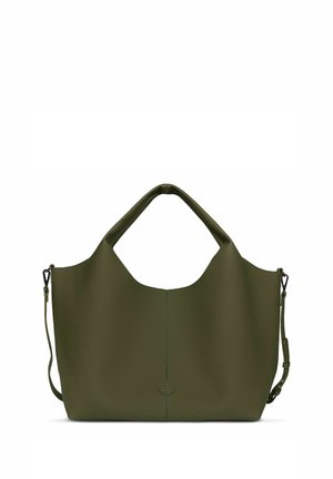 Bolso tote de cuero texturizado en verde oliva con asas cortas y correa de hombro removible, diseño minimalista, costura vertical centrada y pequeño logo en relieve.