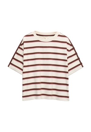 Korte mouwen, boxy t-shirt met strepen in afwisselend bruin en roze horizontaal op een witte achtergrond.