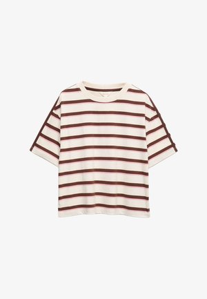 Korte mouwen, boxy t-shirt met strepen in afwisselend bruin en roze horizontaal op een witte achtergrond.
