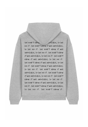 Gray hoodie featuring a large text print with repetitive phrases in black, displaying a casual design with a front kangaroo pocket and drawstring hood.