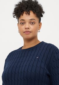 Ναυτικό μπλε πουλόβερ με πλέξη καλωδίου και ριβέ ντεκολτέ, με μικρό πολύχρωμο λογότυπο στο στήθος, κατασκευασμένο από υφασμένο πλεκτό ύφασμα.