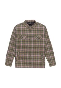 Grün-rosa kariertes Hemd mit langen Ärmeln, durchgehend geknöpft, zwei Brusttaschen und einem Kragen. Hergestellt aus weichem, strukturiertem Stoff.