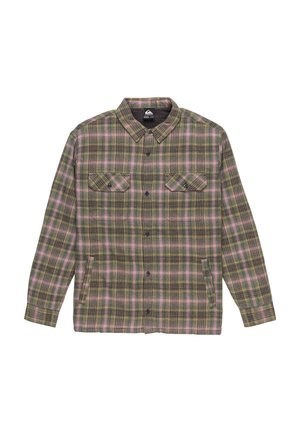 Grün-rosa kariertes Hemd mit langen Ärmeln, durchgehend geknöpft, zwei Brusttaschen und einem Kragen. Hergestellt aus weichem, strukturiertem Stoff.