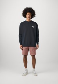 Marinblå tröja med en liten vit logotyp på bröstet, parat med ljusrosa shorts och vita sneakers. Modellen står framför en neutral bakgrund.