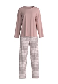 Roze T-shirt met lange mouwen en een ronde hals, gecombineerd met gestreepte pyjamabroek in wit, roze en donkerblauw. Zachte, gladde stofstructuur.