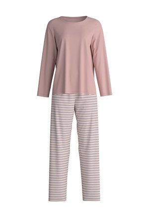 Maglietta rosa a maniche lunghe con scollatura rotonda abbinata a pantaloni da pigiama a righe bianchi, rosa e blu scuro. Tessuto morbido e liscio.