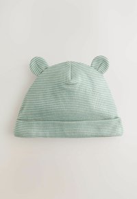 Chapeau en coton rayé vert menthe avec un bord replié et deux accents d'oreilles arrondies sur le dessus, présentant une texture lisse et un matériau doux.