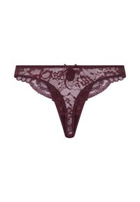 Bordeaux kanten string met bloempatron, golvende randen, een keyhole uitsnijding aan de voorkant en een klein strikje in het midden van de tailleband.