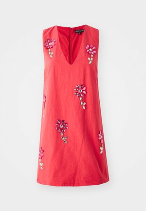 Coral sleeveless dress with a V-neckline, featuring floral embroidered appliqués in pink and green, and a concealed back zipper.
