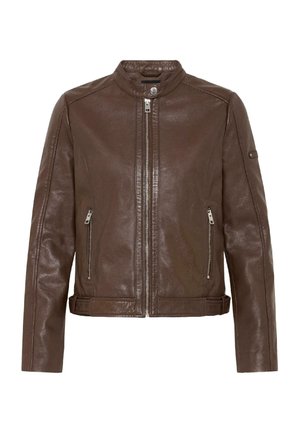 Brun skinnbikerjakke med frontglidelås, knappet krage, glidelåslommer og justerbare sidestrammer ved kanten.