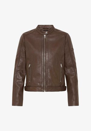 Brown leather biker jacket with front zipper, snap collar, zippered pockets, and adjustable side straps at hem.