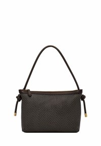 Borsa a tracolla intrecciata marrone con motivo a zigzag, dotata di chiusura con zip, spallacci lisci e dettagli annodati sui lati.