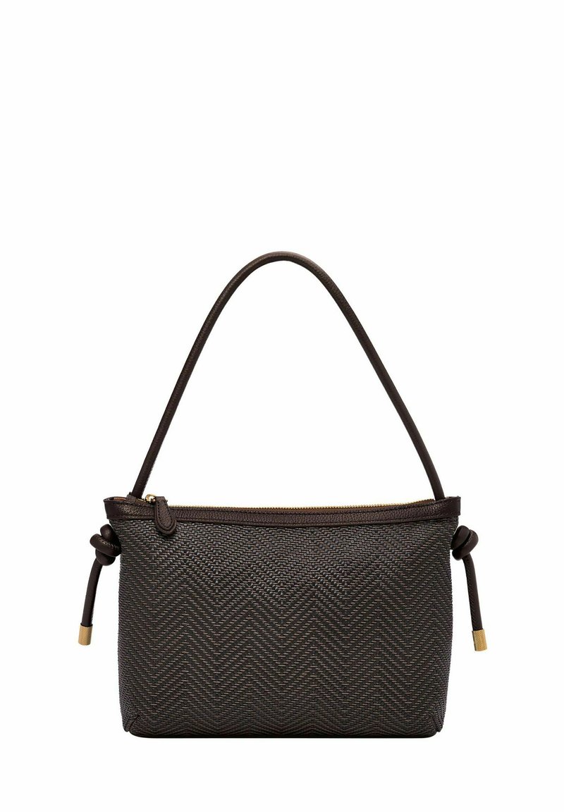 Borsa a tracolla intrecciata marrone con motivo a zigzag, dotata di chiusura con zip, spallacci lisci e dettagli annodati sui lati.