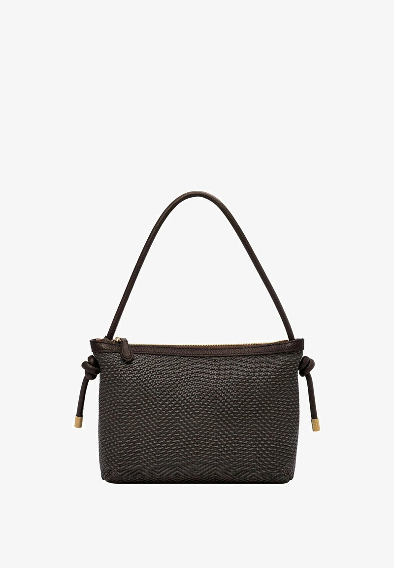 Sac à main tissé marron avec un motif en chevrons, doté d'une fermeture éclair, d'une bandoulière lisse et d'accentuations nouées sur les côtés.
