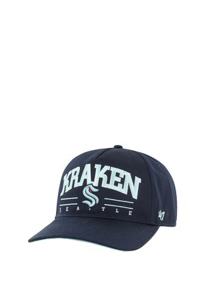 Navy baseball cap features "KRAKEN" and "SEATTLE" in light blue embroidery, with a logo accent and curved brim.
