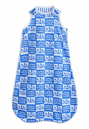 Sleeveless blue and white baby sleep sack with sun and wave pattern and snap buttons on shoulders.