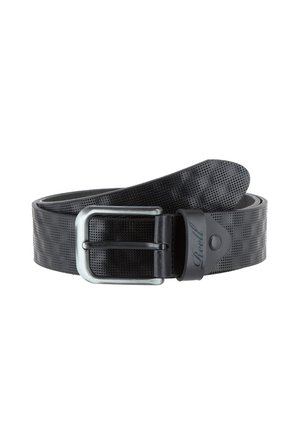 Black leather belt with a perforated texture, silver metal buckle, and a branded leather loop. Features a smooth, flat design.