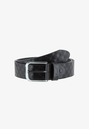 Black leather belt with a perforated texture, silver metal buckle, and a branded leather loop. Features a smooth, flat design.