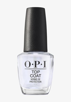 Bouteille de top coat transparent pour vernis à ongles OPI avec un bouchon noir texturé et un texte noir sur un contenant en verre transparent.