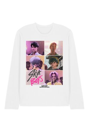 White long-sleeve shirt with six stylized animated male faces in a grid, "Saja Boys" graffiti text, and "KPOP Demon Hunters" logo below.