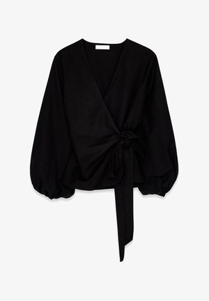 Black wrap blouse made from soft fabric, featuring puffed sleeves, a tied waist, and a deep V-neck design. Smooth texture with no patterns.