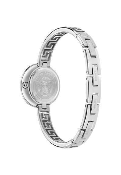 Sidabrinės spalvos laikrodis su Medūzos emblemą ant nugarėlės ir apyranke su grandinės jungtimi, puošta graikų rakto raštu bei įrėžtais "Versace" logotipais.
