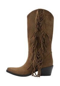 Stivali da cowboy in suede marrone con dettagli frangiati lungo il foderino esterno, punta affusolata e tacco impilato nero.