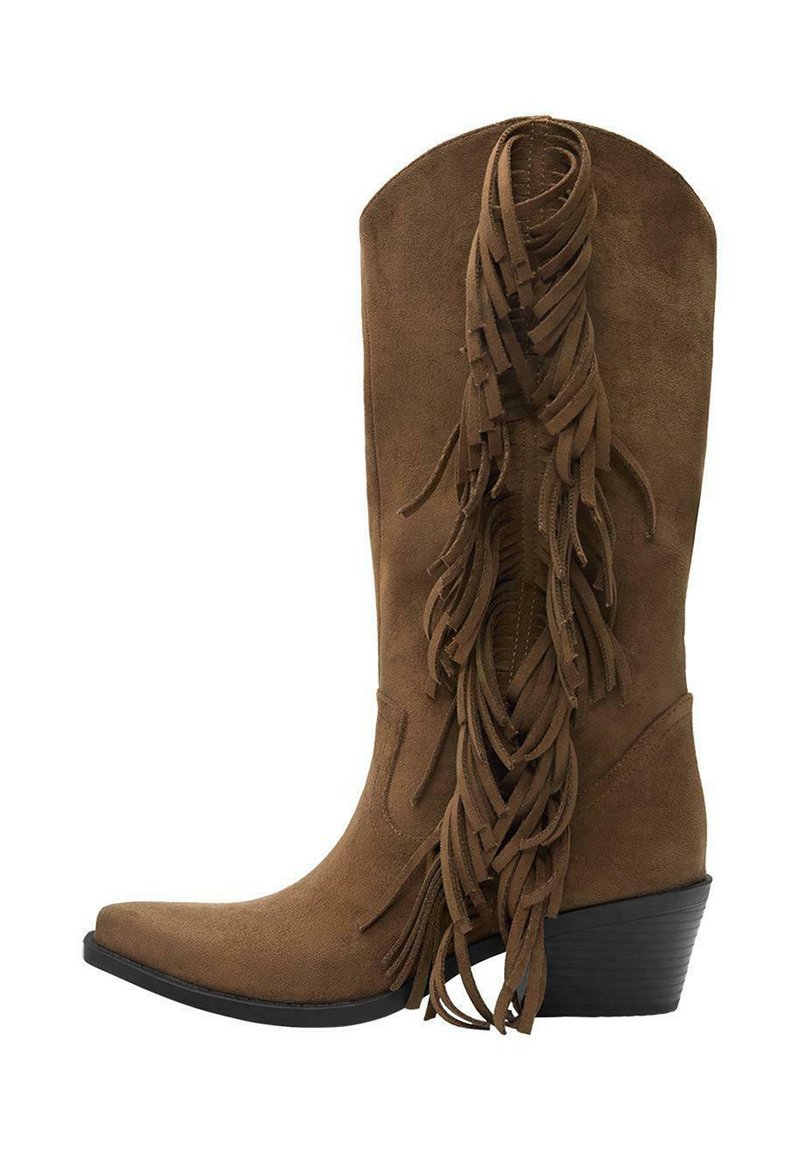 Stivali da cowboy in suede marrone con dettagli frangiati lungo il foderino esterno, punta affusolata e tacco impilato nero.