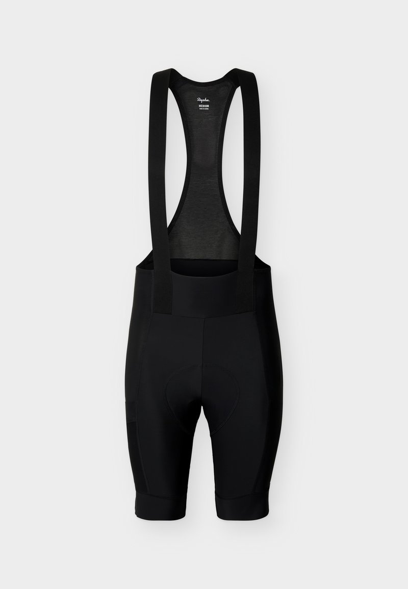 Black cycling bib shorts with padded seat and mesh back panel, featuring wide shoulder straps and medium size label inside.