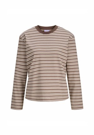 T-shirt à manches longues à rayures présentant un motif marron et crème, un col rond et un tissu doux avec une coupe décontractée.