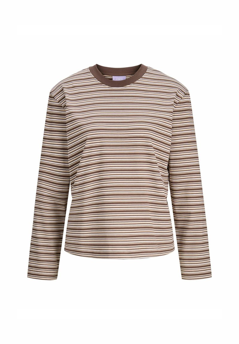 T-shirt à manches longues à rayures présentant un motif marron et crème, un col rond et un tissu doux avec une coupe décontractée.