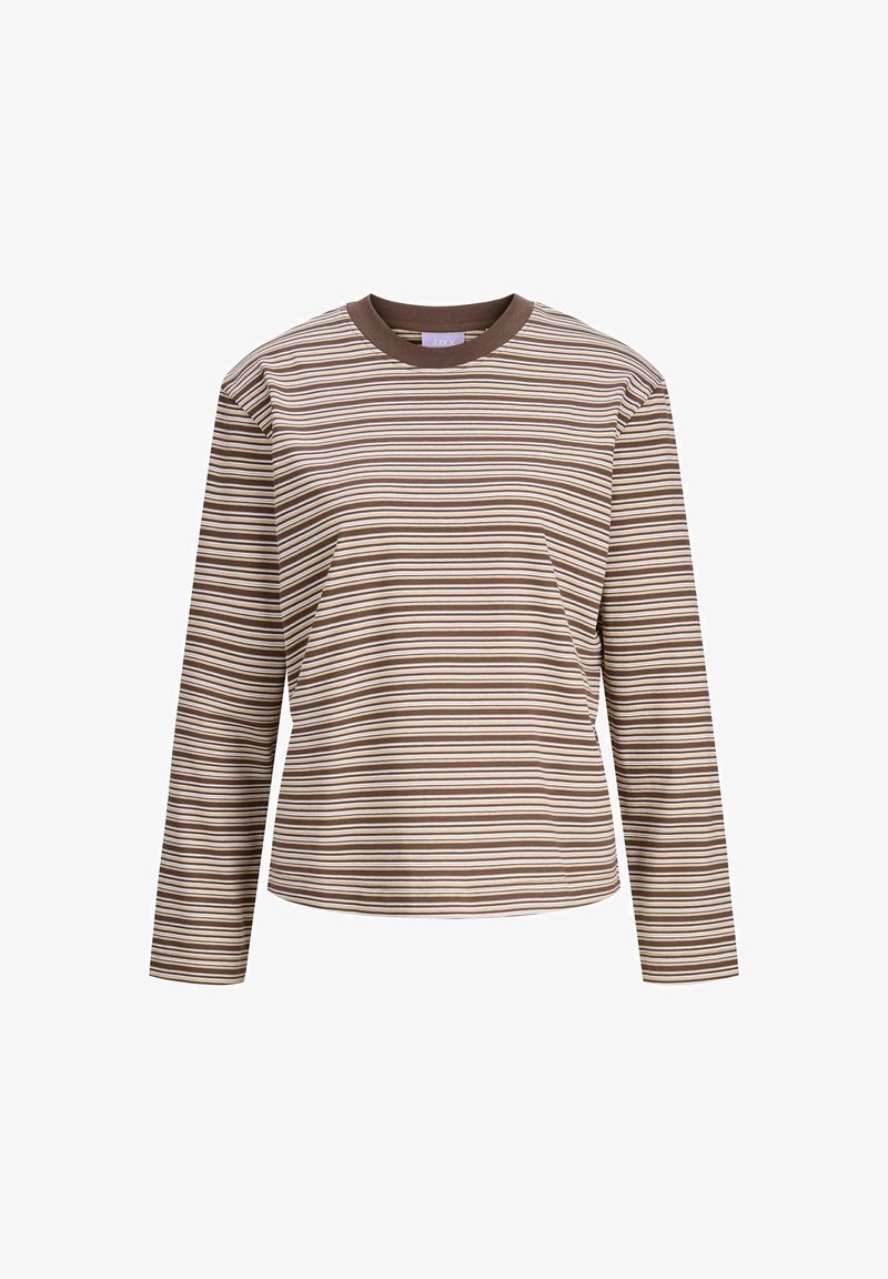 Hosszú ujjú csíkos felső, barna és krém színű mintával, kerek nyakkivágással, puha anyagból, laza szabással.