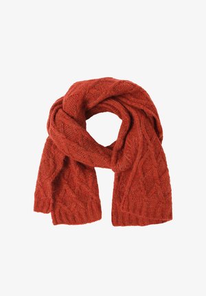 Gebreide sjaal in roestkleur met een getextureerd kabelpatroon, in een cirkelvorm gelegd op een witte achtergrond.