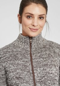 Brun og hvit strikkegenser med høy krage, med en brun glidelås og strukturmønster gjennom hele stoffet.