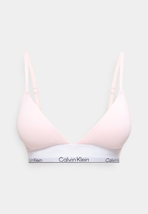 Hellrosa, dreieckiger Soft-Cup-BH mit verstellbaren Trägern und weißem elastischem Band mit dem "Calvin Klein"-Logo in Schwarz.