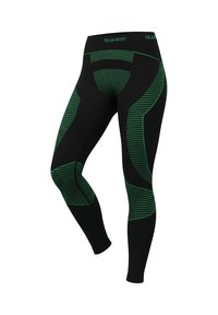 Schwarze Leggings mit grünen Streifenakzenten und einem strukturierten Mesh-Einsatz. Entworfen für Komfort und Bewegungsfreiheit, mit enganliegendem Sitz.