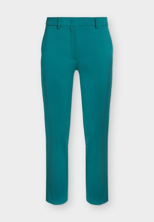 Teal slim-fit trousers with belt loops, front zipper, and a clean, tailored design against a plain background.