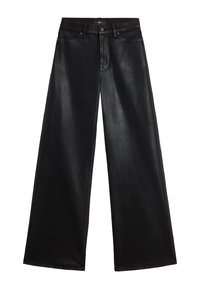 Pantaloni in denim neri a gamba larga con una texture liscia, vita alta, design a cinque tasche e chiusura frontale con bottone.