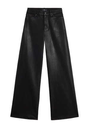Weite schwarze Jeans mit glatter Textur, hoher Taille, Fünf-Taschen-Design und vorderem Knopfverschluss.