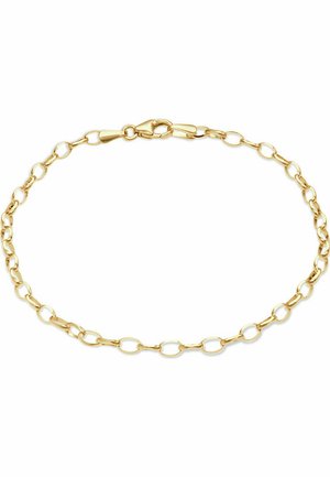 Goldkette-Armband mit verlängerten ovalen Gliedern und einem sicheren Karabinerverschluss. Glatte Textur mit polierter Oberfläche.