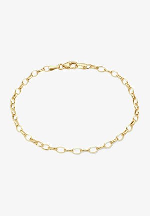 Goldkette-Armband mit verlängerten ovalen Gliedern und einem sicheren Karabinerverschluss. Glatte Textur mit polierter Oberfläche.