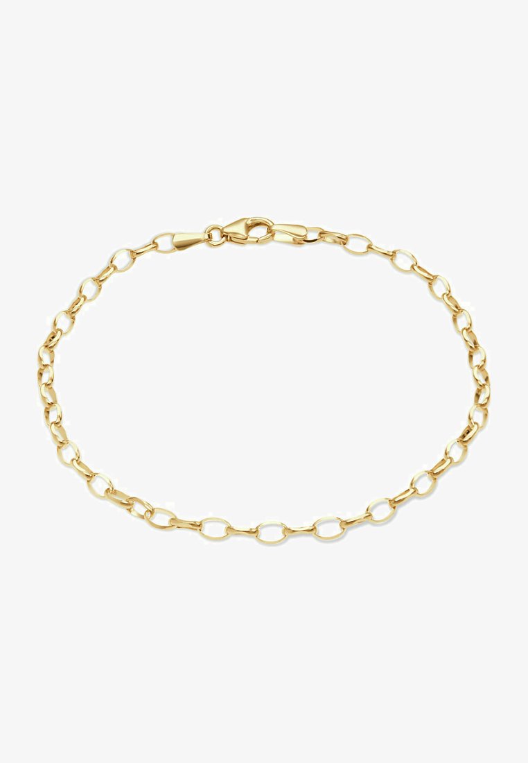 Bracciale in oro con anelli ovali allungati e un sicuro moschettone. Texture liscia con finitura lucida.