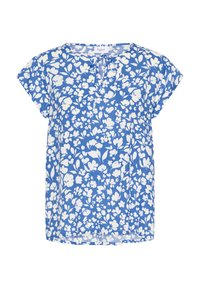 Top corto a maniche corte blu con scollo a V, motivo floreale bianco e vestibilità comoda, realizzato in tessuto leggero.