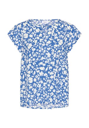 Top scurt cu maneci, de culoare albastră, cu decolteu în V, model cu flori albe și croială lejeră, realizat dintr-un material ușor.
