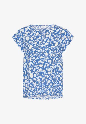 Top scurt cu maneci, de culoare albastră, cu decolteu în V, model cu flori albe și croială lejeră, realizat dintr-un material ușor.