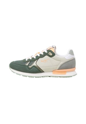 Green and beige sneaker with a suede and mesh upper, white laces, orange accents, and a light green rubber sole. Brand logo on the side.