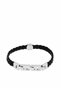 Bracciale in pelle intrecciata nera con accenti in metallo argentato, caratterizzato da un design geometrico e dettagli con logo inciso.